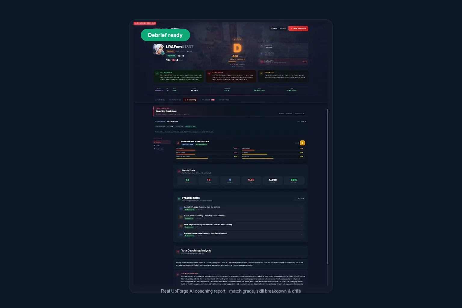 Informe real de coaching UpForge — nota de partida, habilidades y ejercicios