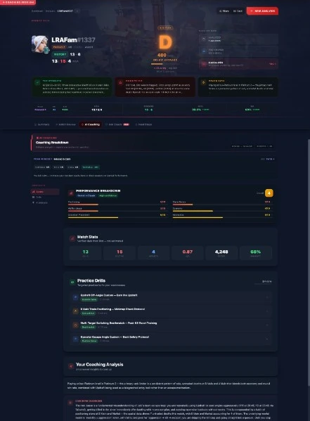 Informe de coaching UpForge — nota de partida, desglose de rendimiento, drills de práctica