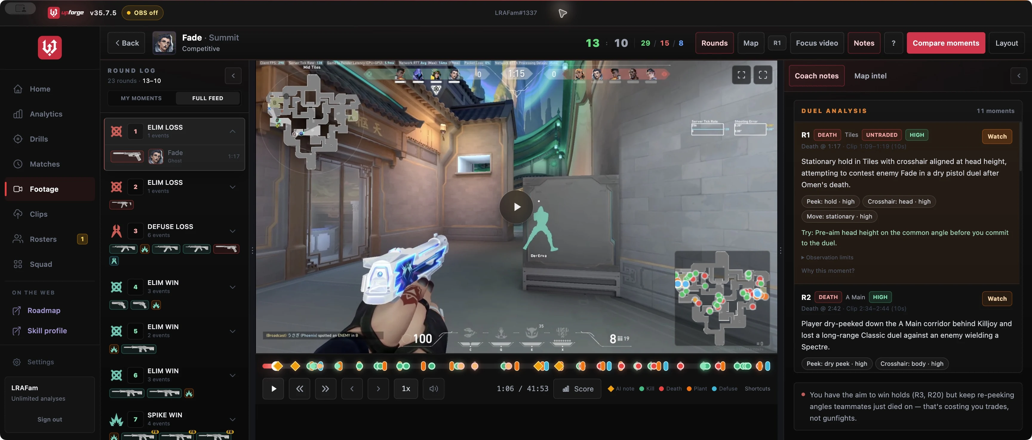 UpForge desktop preview: real Summit gameplay beside round events and AI duel coaching