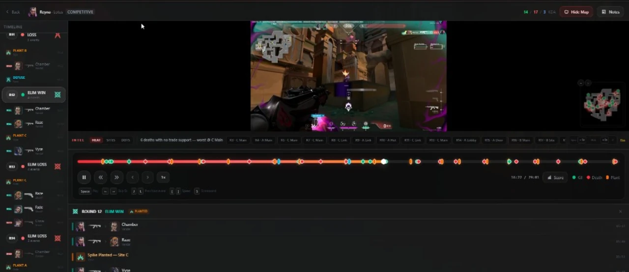 Revisión de partida UpForge — timeline por rondas, VOD y análisis IA de trades